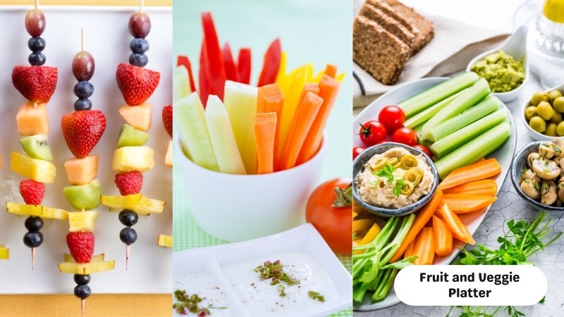 A beautifully arranged platter with fruit kebabs, veggie sticks, and dips